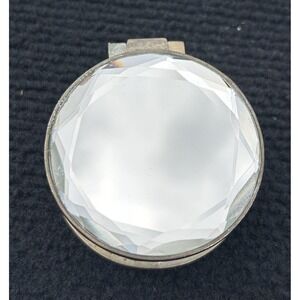 Vintage Brass Round Jewelry‎ Ring Box Faceted Glass Lid Velvet Lined Trinket Box